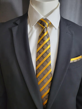 Black and Gold Diagonal Necktie and Pocket Square - The Upscale Banker