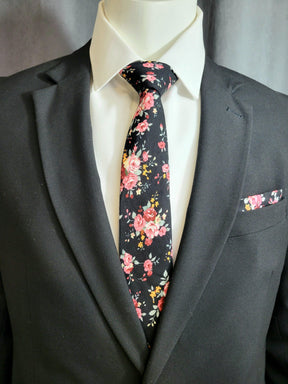 Black and Pink Floral Necktie and Pocket Square - The Upscale Banker