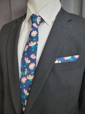 Blue and Green Floral Necktie and Pocket Square - The Upscale Banker