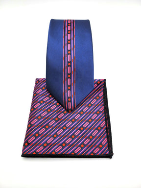 Blue and Magenta Geometric Necktie and Pocket Square - The Upscale Banker