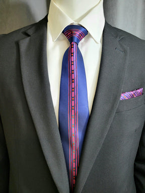 Blue and Magenta Geometric Necktie and Pocket Square - The Upscale Banker