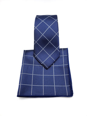 Blue and Silver Geometric Necktie and Pocket Square - The Upscale Banker