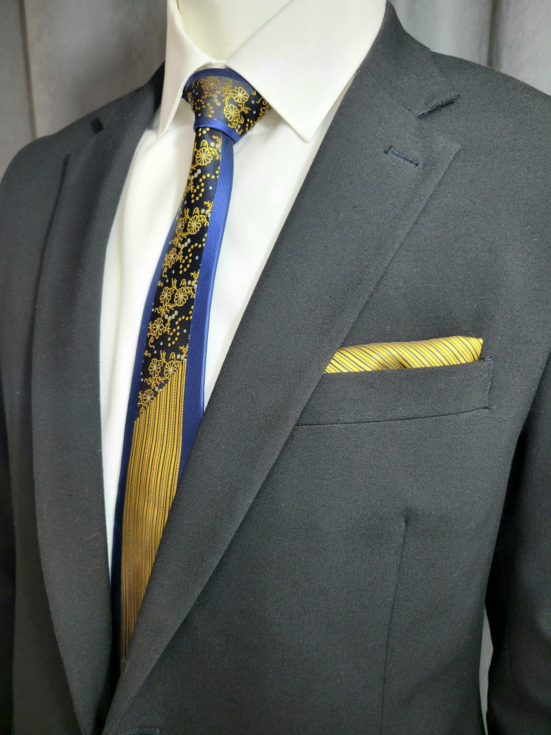 Blue and Yellow Geometric Necktie and Pocket Square - The Upscale Banker