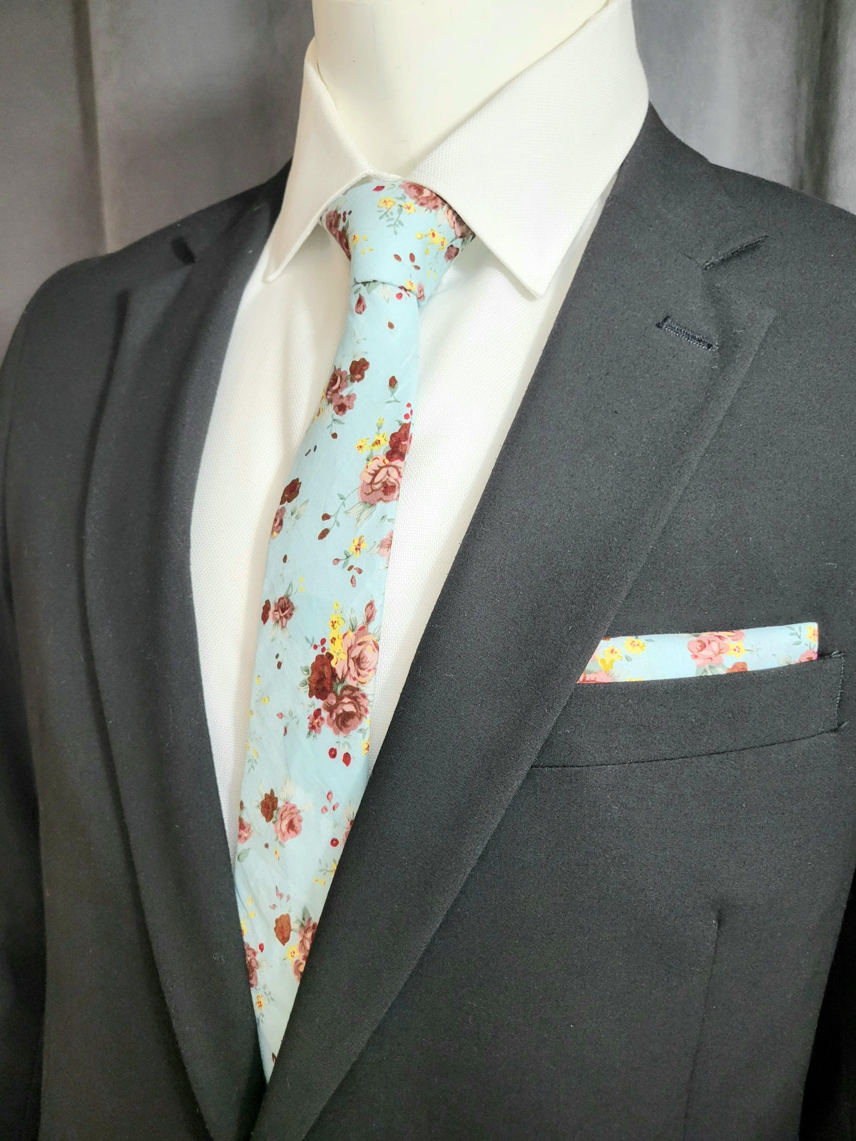 Light Blue and Mauve Floral Necktie and Pocket Square - The Upscale Banker