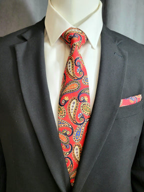 Red, Blue, Orange Paisley Necktie and Pocket Square - The Upscale Banker
